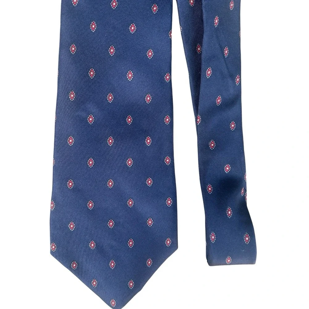 Christian Dior Mens Navy Silk Geometric Diamond Pattern‎ Necktie Made in USA Vtg